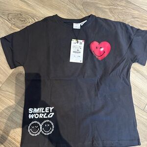 Zara Black Kids Tee with Red Smiley Heart 11/12